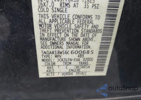 2006 Nissan Pathfinder Se из США, поврежденный, VIN 5N1AR18W56C600685